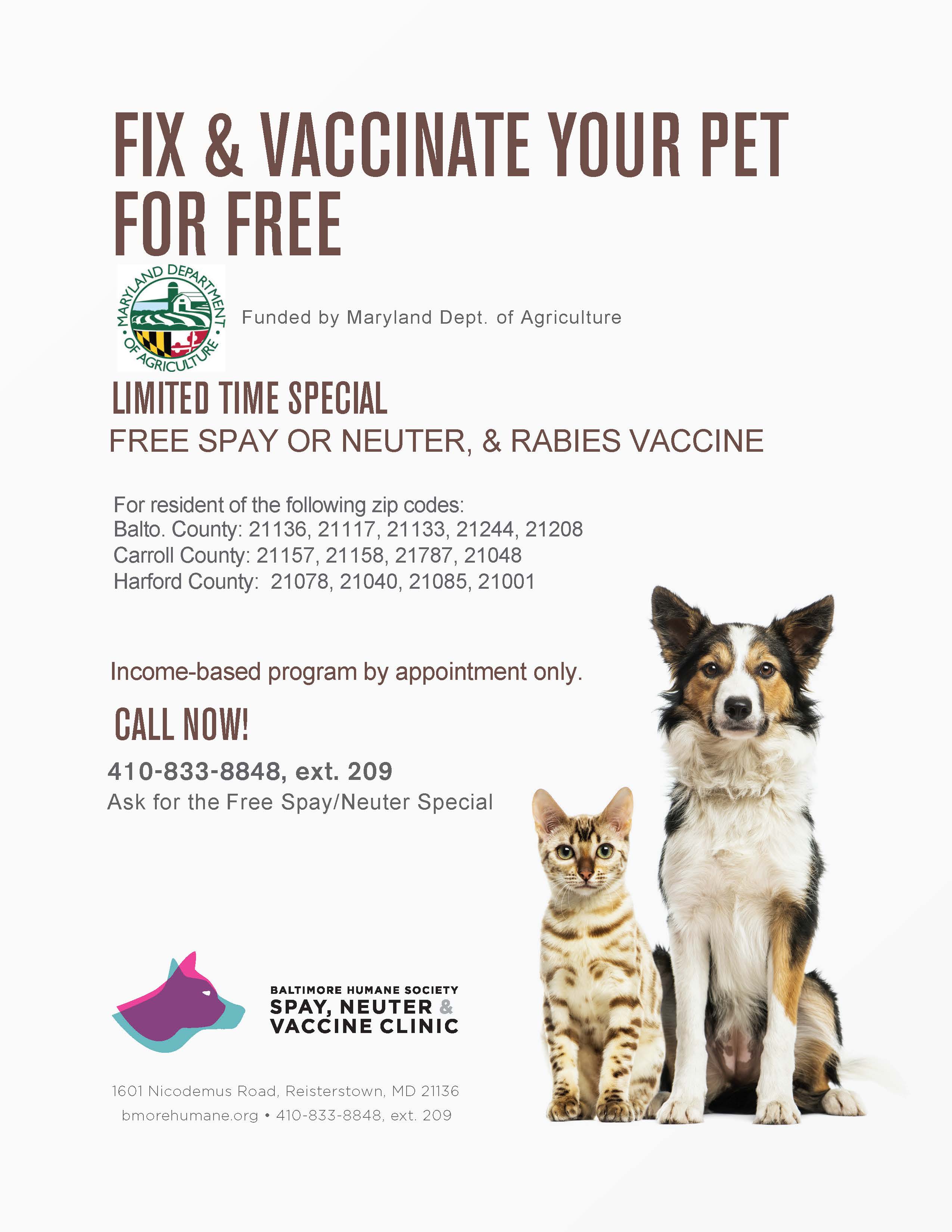 Free Spay/Neuter & Rabies Vaccines For Qualifying Zip Codes Baltimore