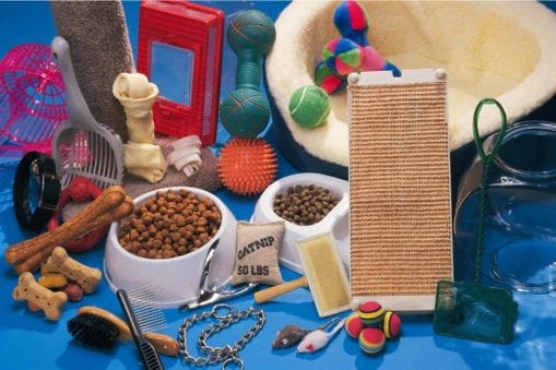 A collection of pet toys, food and other essentials